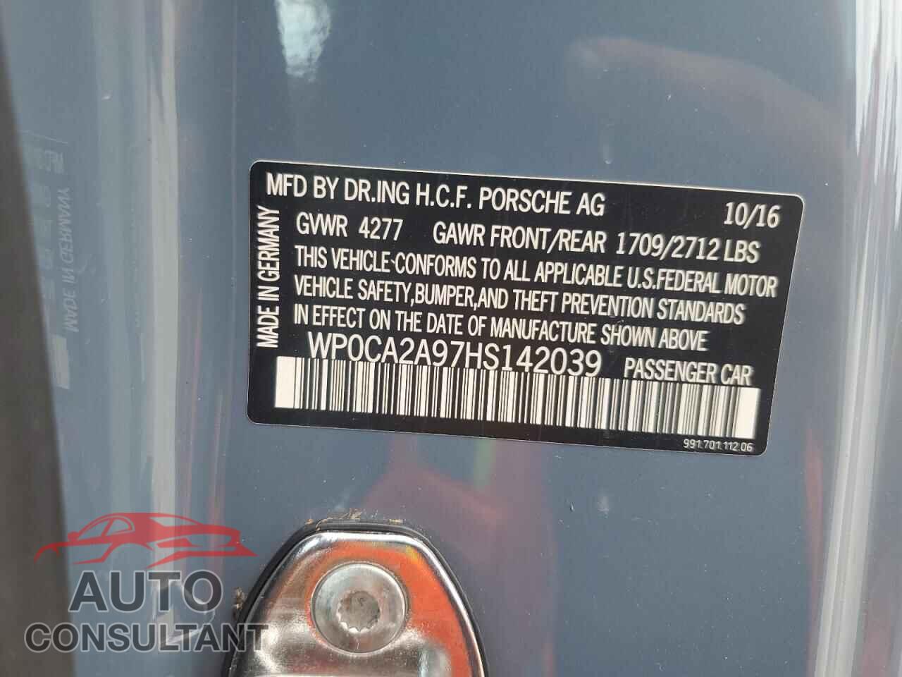 PORSCHE 911 2017 - WP0CA2A97HS142039