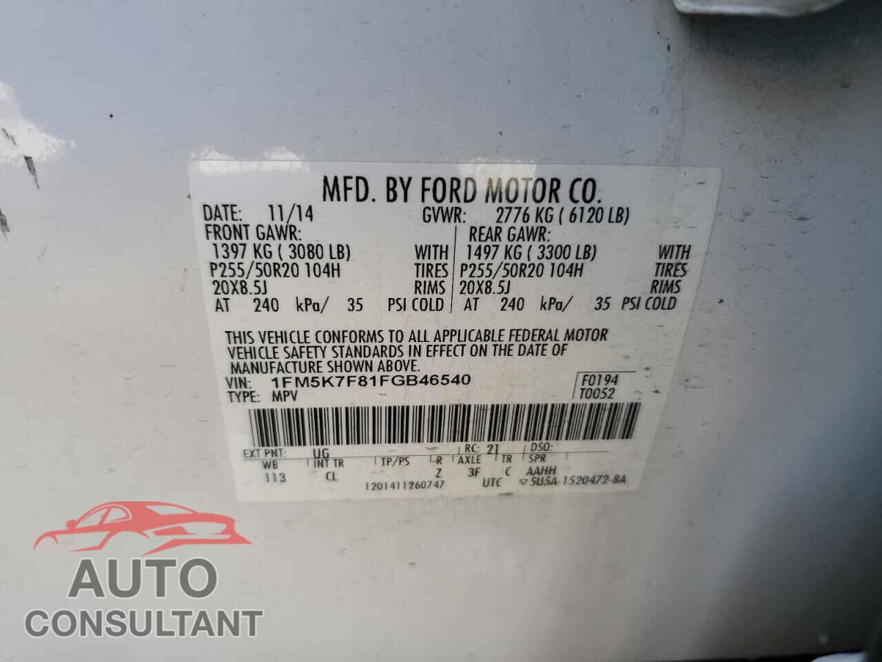FORD EXPLORER 2015 - 1FM5K7F81FGB46540