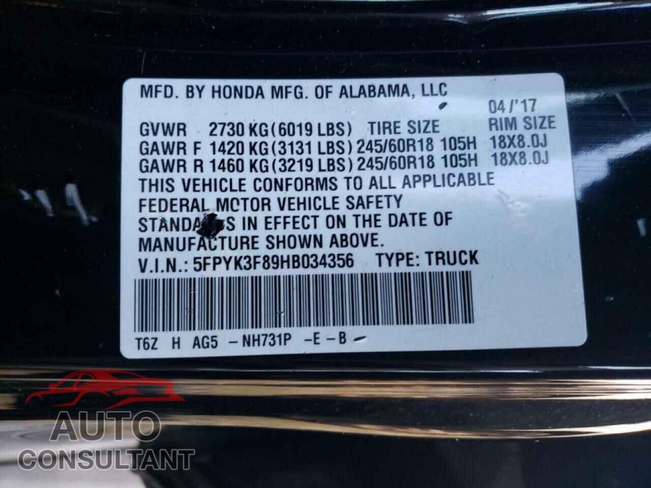 HONDA RIDGELINE 2017 - 5FPYK3F89HB034356