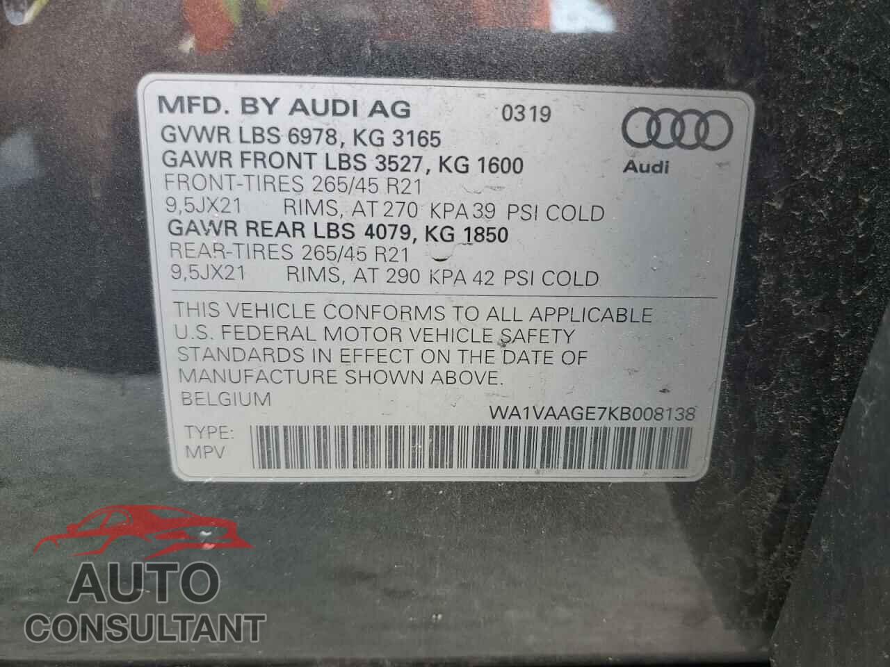 AUDI E-TRON 2019 - WA1VAAGE7KB008138