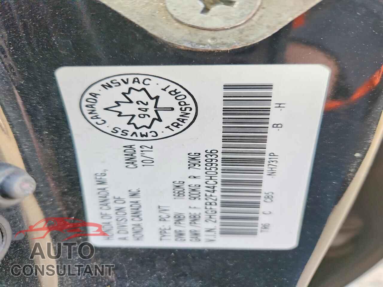 HONDA CIVIC 2012 - 2HGFB2F44CH059936