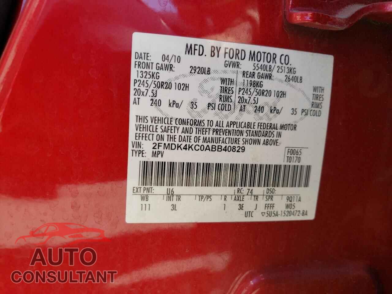 FORD EDGE 2010 - 2FMDK4KC0ABB40829