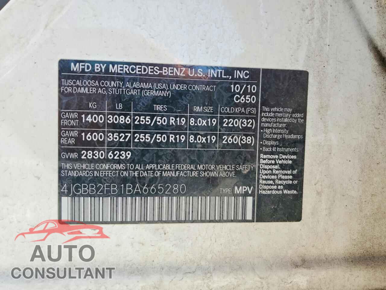MERCEDES-BENZ M-CLASS 2011 - 4JGBB2FB1BA665280
