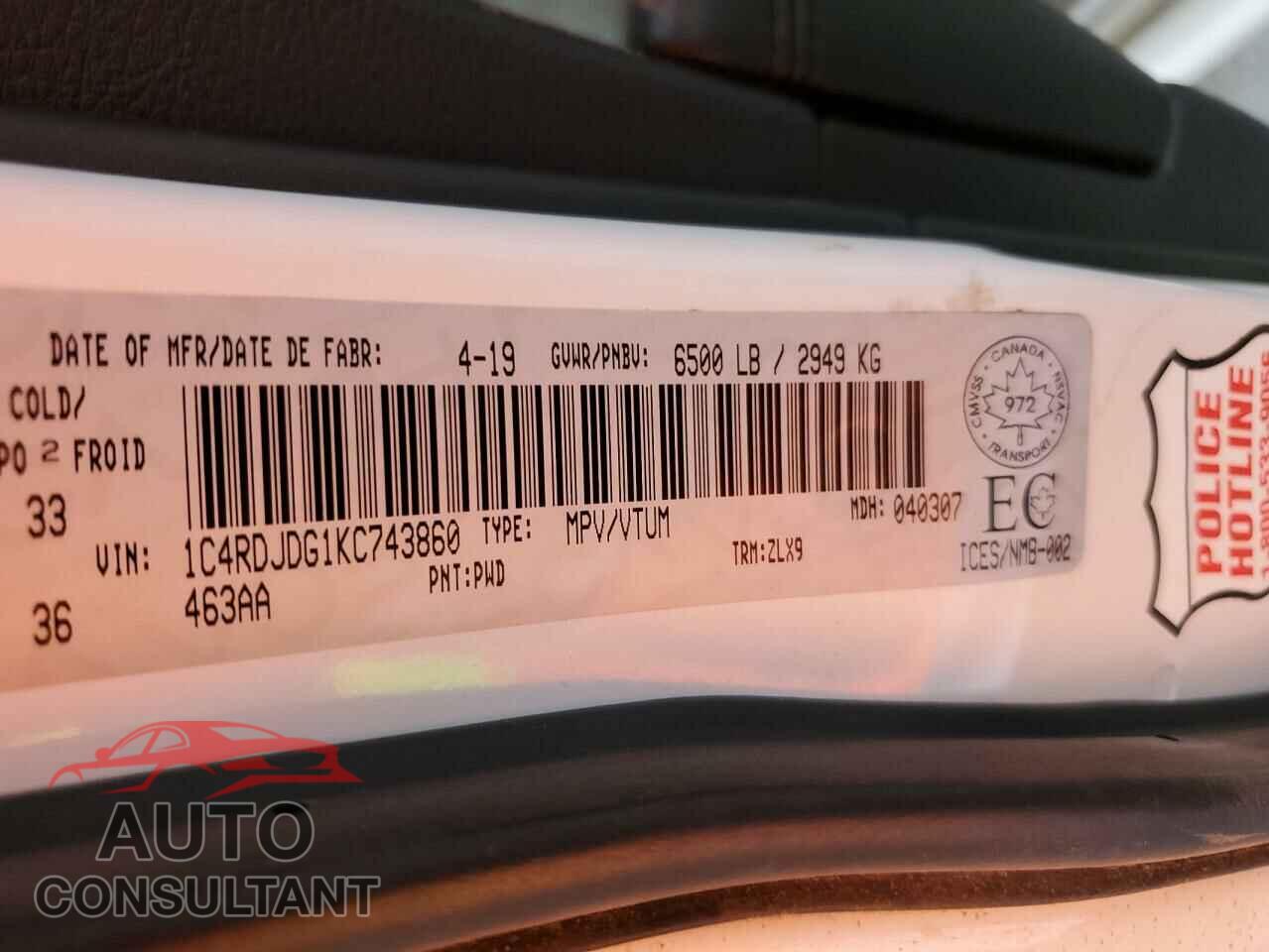 DODGE DURANGO 2019 - 1C4RDJDG1KC743860