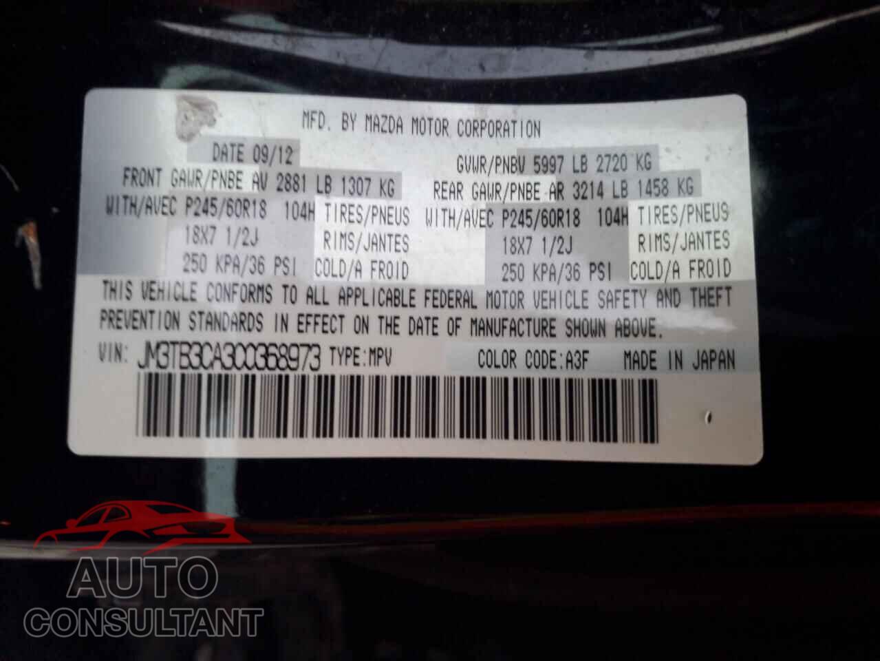 MAZDA CX-9 2012 - JM3TB3CA3C0368973