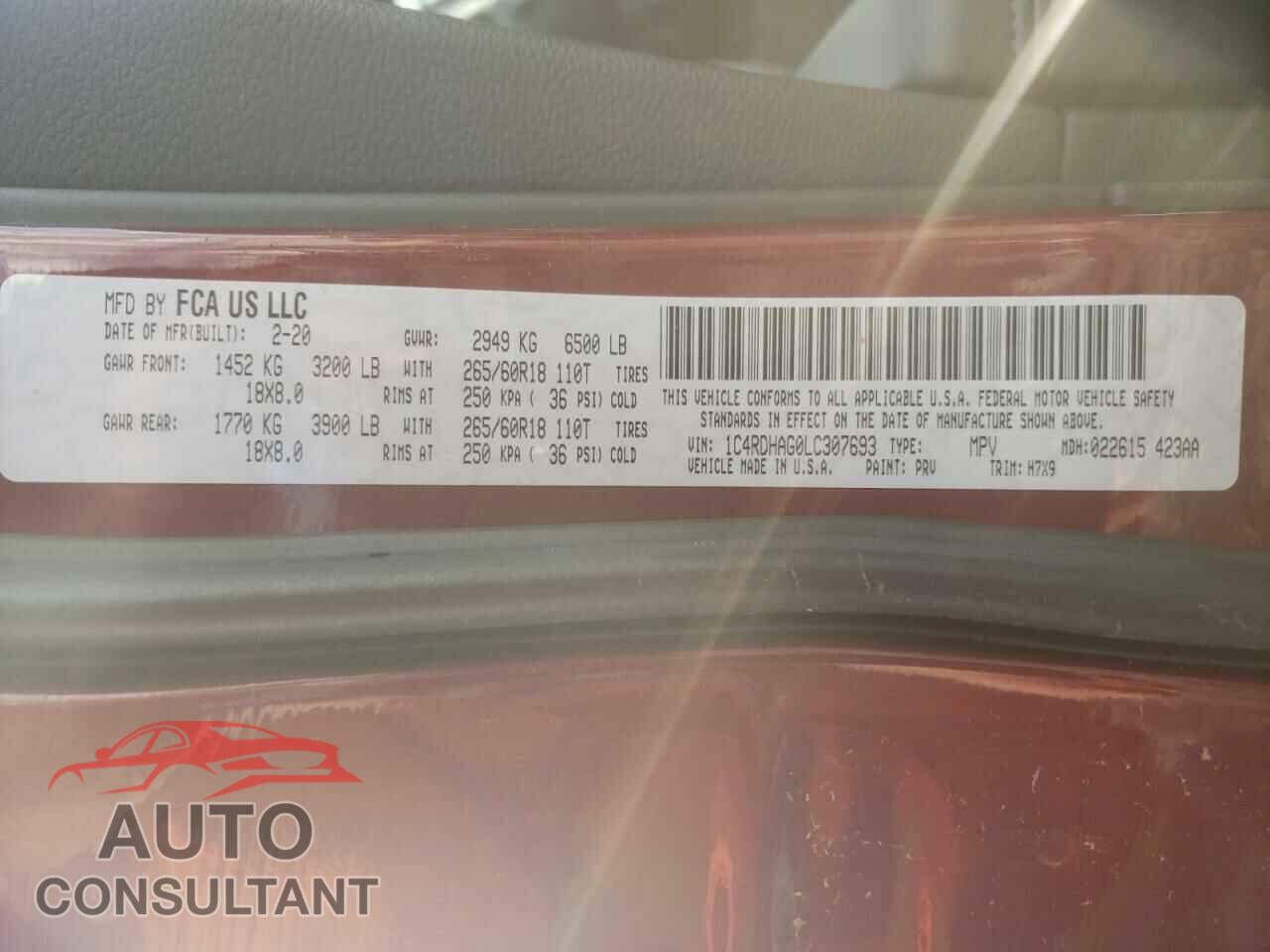 DODGE DURANGO 2020 - 1C4RDHAG0LC307693