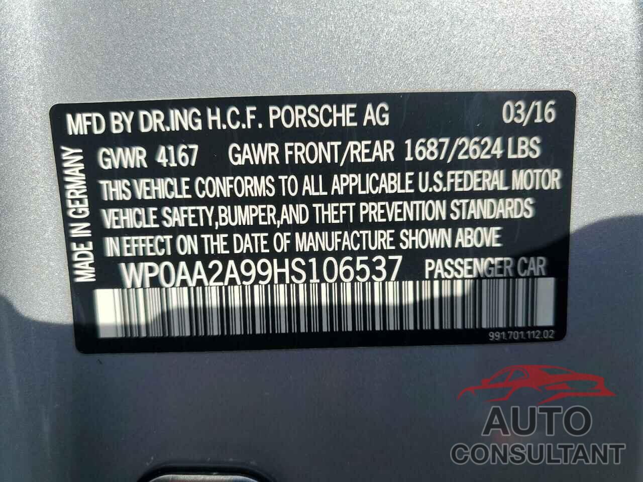 PORSCHE 911 2017 - WP0AA2A99HS106537