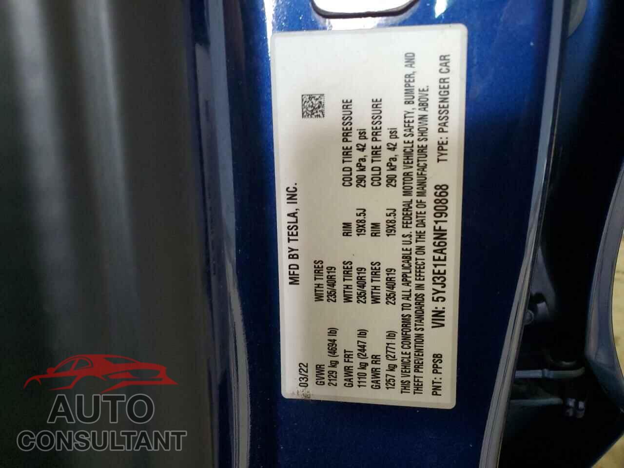 TESLA MODEL 3 2022 - 5YJ3E1EA6NF190868