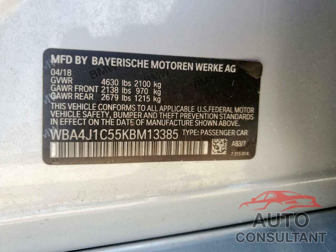 BMW 4 SERIES 2019 - WBA4J1C55KBM13385