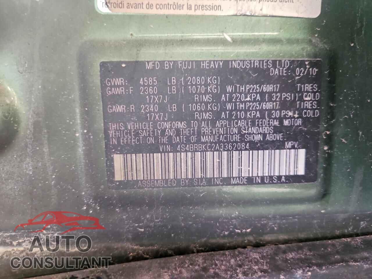 SUBARU OUTBACK 2010 - 4S4BRBKC2A3362084