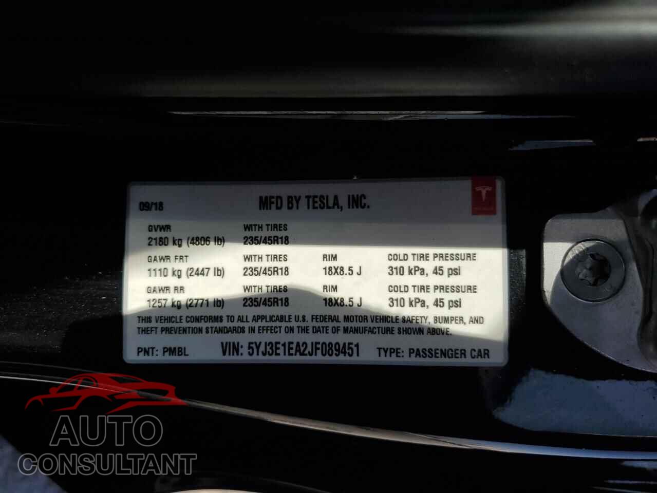 TESLA MODEL 3 2018 - 5YJ3E1EA2JF089451