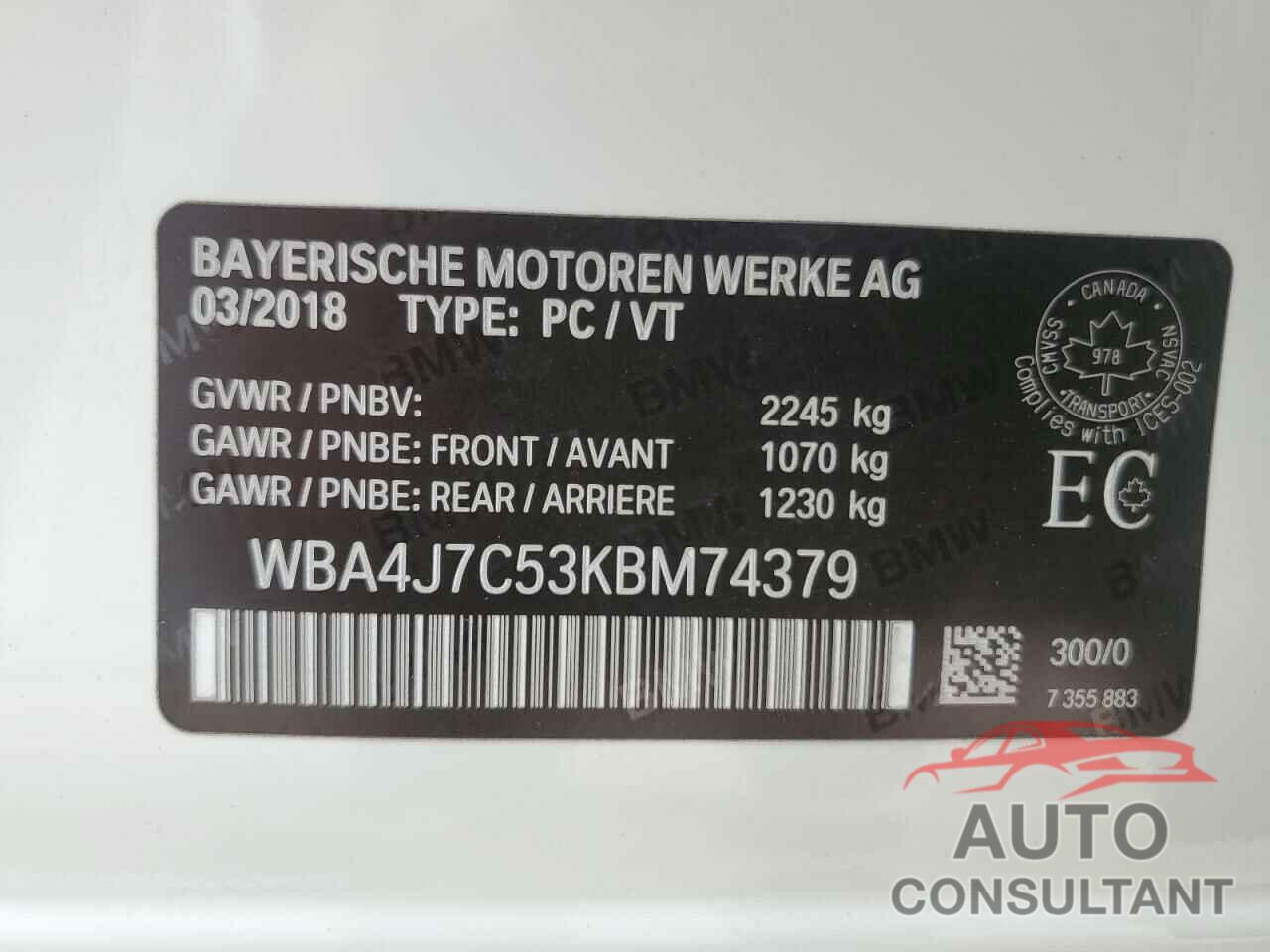 BMW 4 SERIES 2019 - WBA4J7C53KBM74379