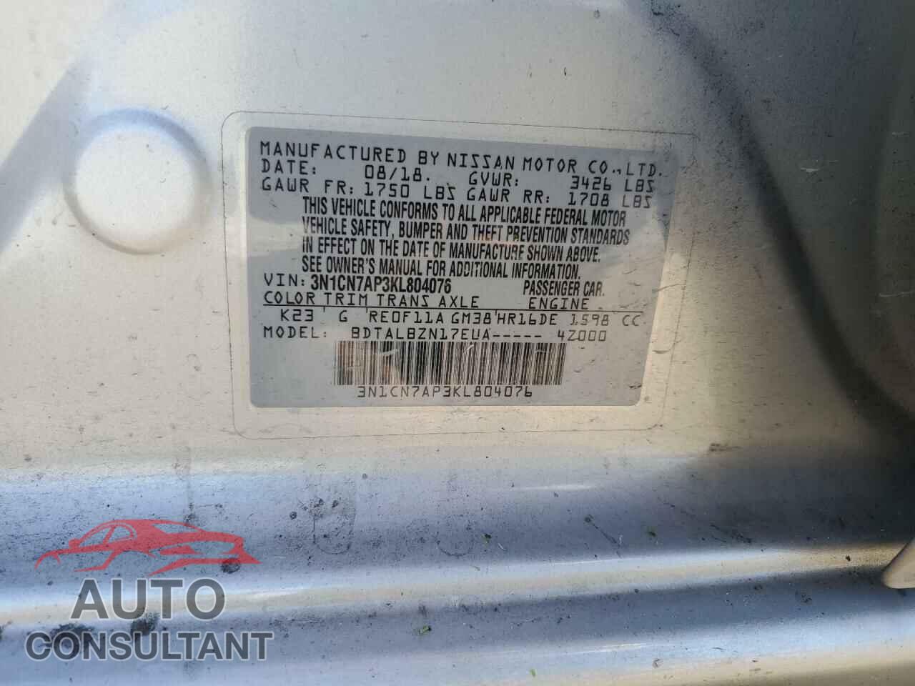 NISSAN VERSA 2019 - 3N1CN7AP3KL804076