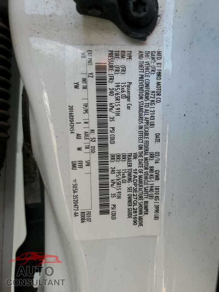 FORD FOCUS 2016 - 1FADP3E27GL281690