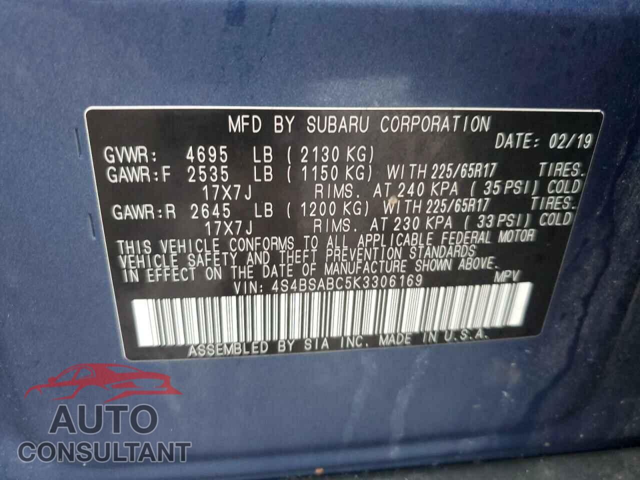 SUBARU OUTBACK 2019 - 4S4BSABC5K3306169