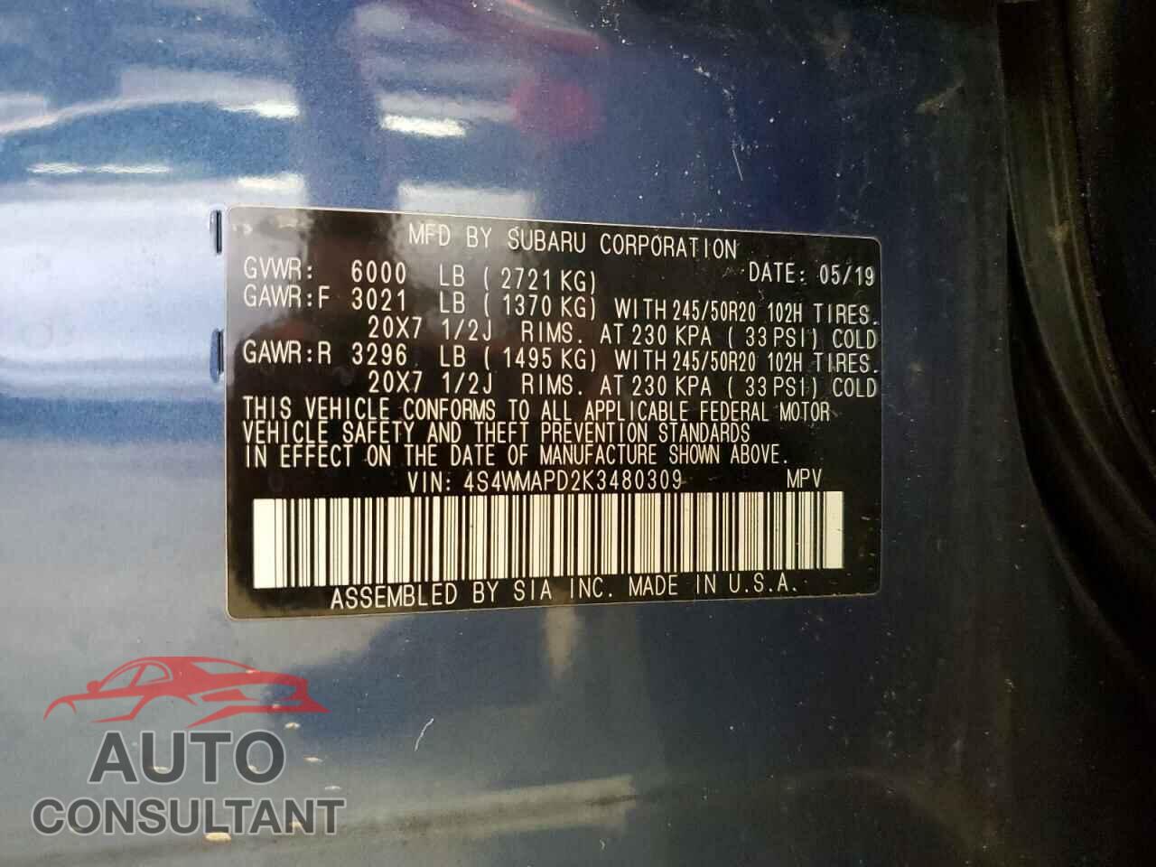 SUBARU ASCENT 2019 - 4S4WMAPD2K3480309