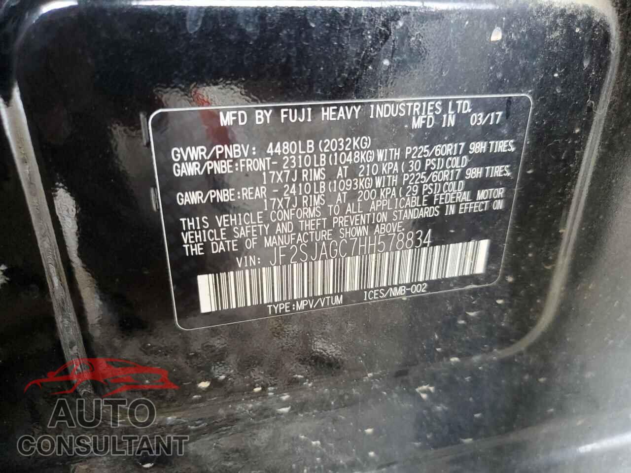 SUBARU FORESTER 2017 - JF2SJAGC7HH578834