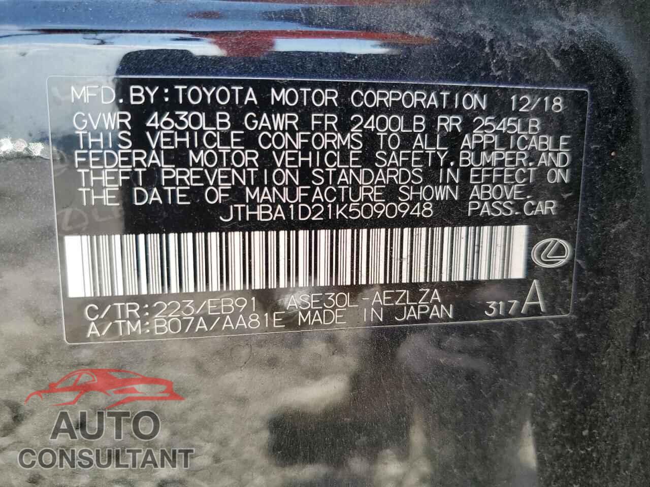 LEXUS IS 2019 - JTHBA1D21K5090948