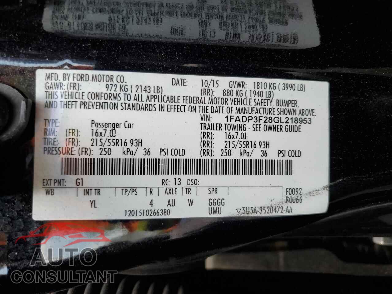 FORD FOCUS 2016 - 1FADP3F28GL218953