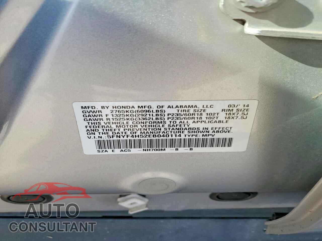 HONDA PILOT 2014 - 5FNYF4H52EB040114