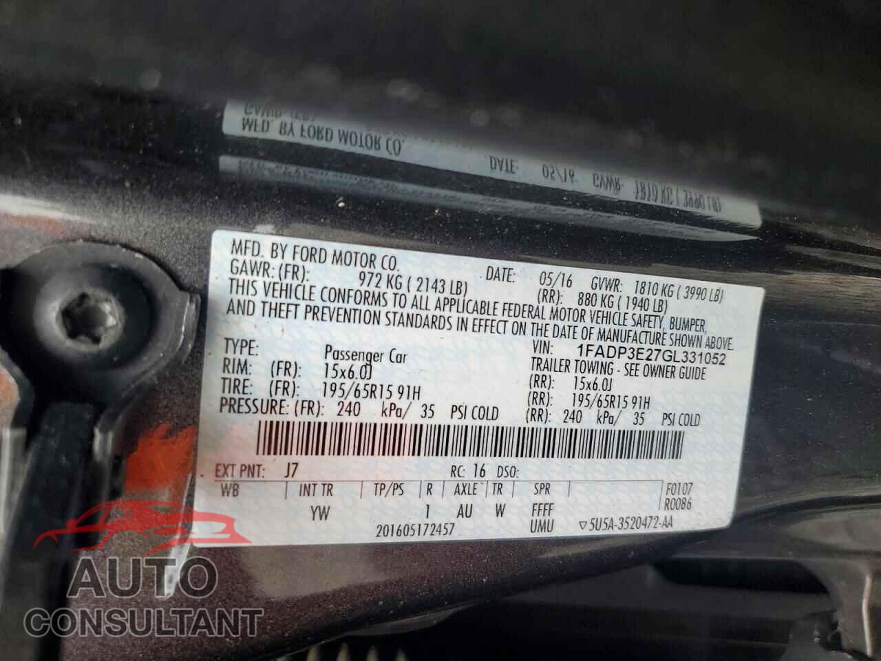 FORD FOCUS 2016 - 1FADP3E27GL331052