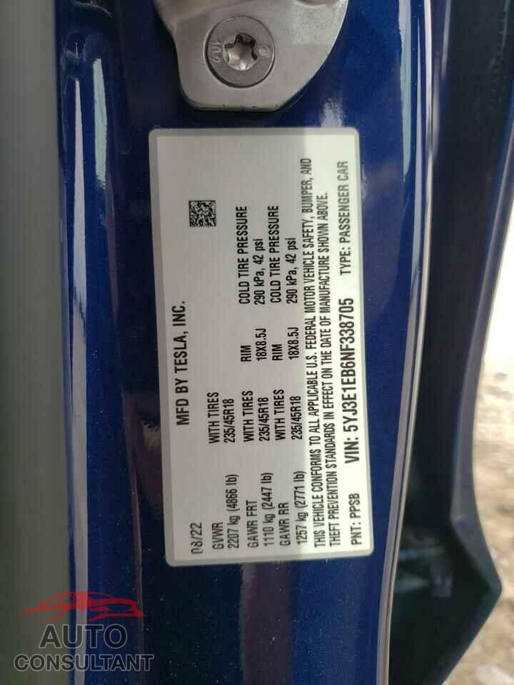 TESLA MODEL 3 2022 - 5YJ3E1EB6NF338705
