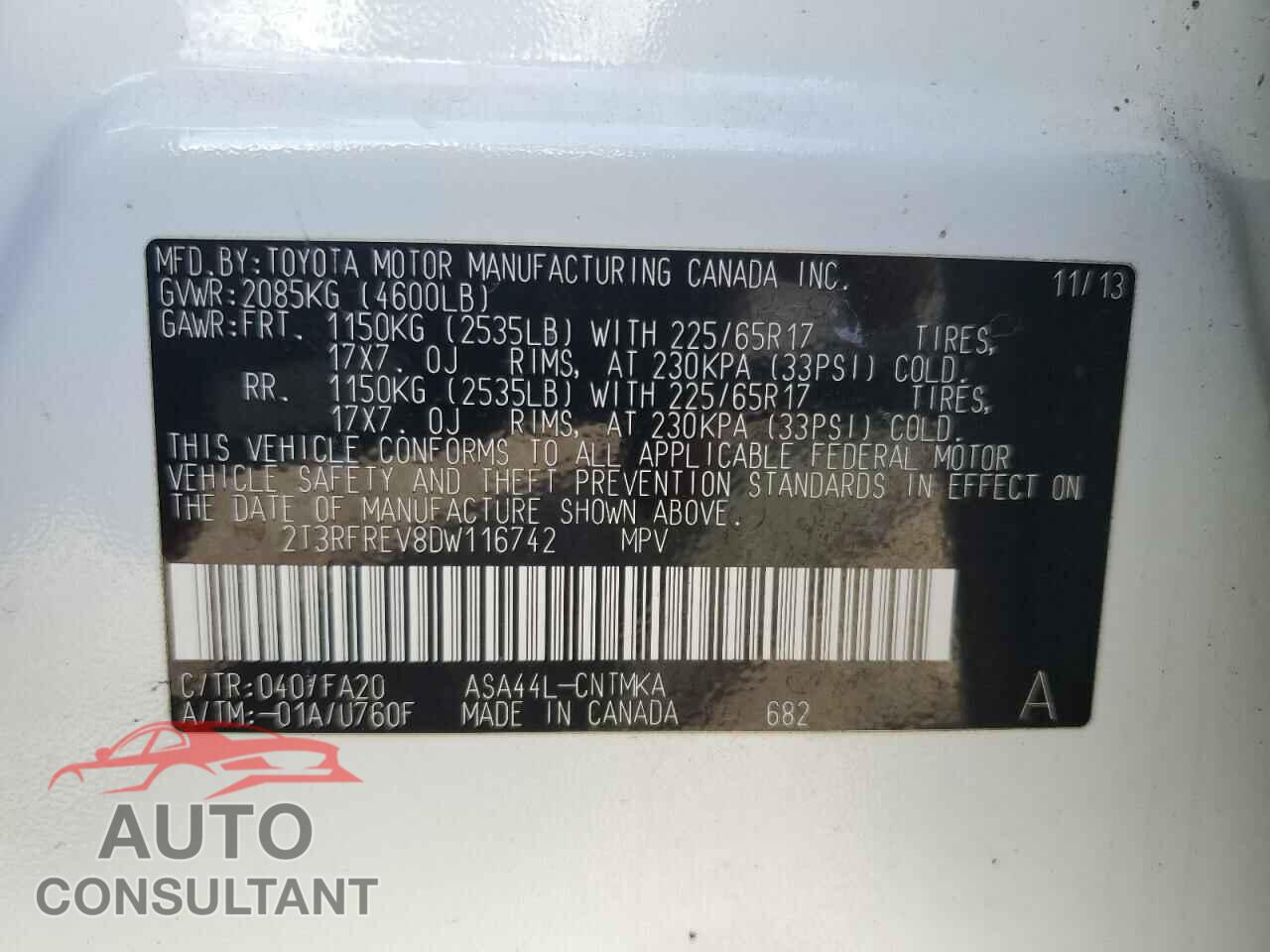 TOYOTA RAV4 2013 - 2T3RFREV8DW116742
