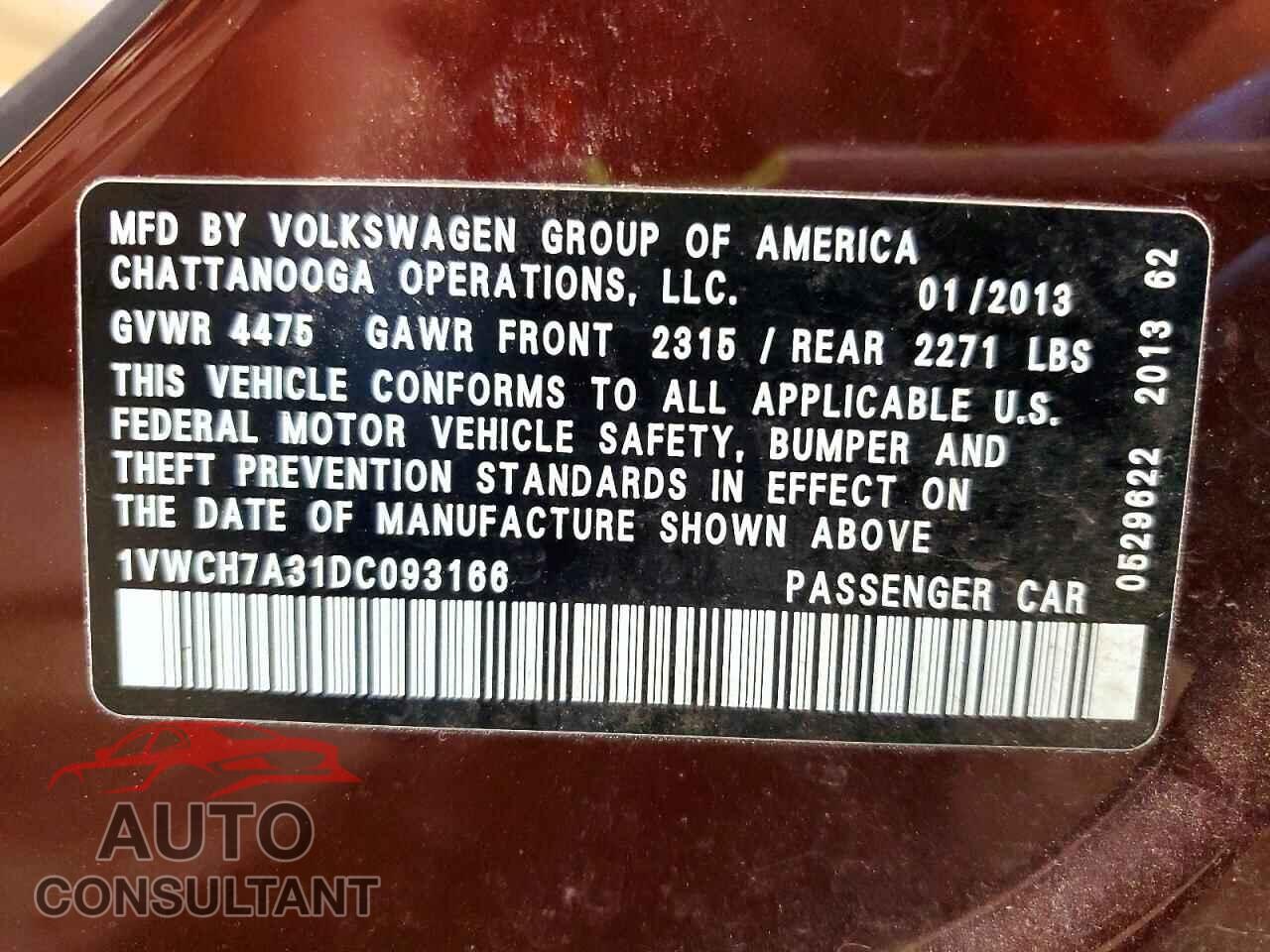 VOLKSWAGEN PASSAT 2013 - 1VWCH7A31DC093166