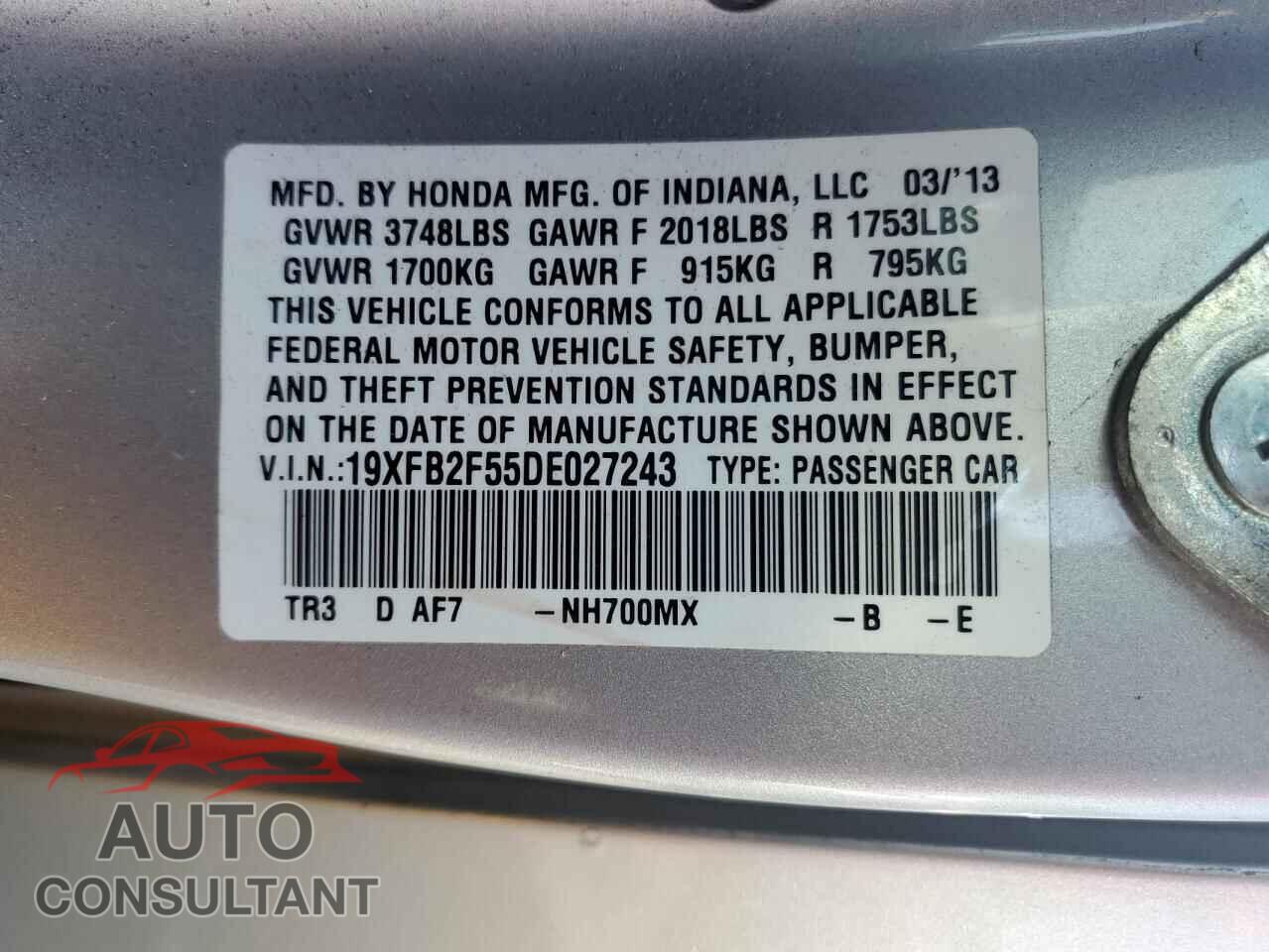HONDA CIVIC 2013 - 19XFB2F55DE027243