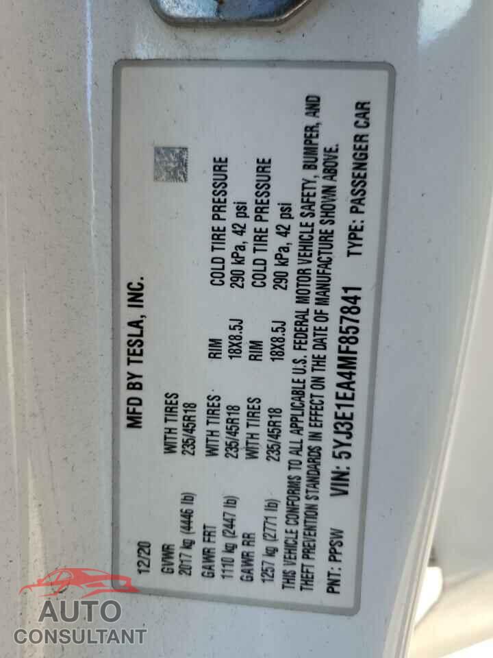 TESLA MODEL 3 2021 - 5YJ3E1EA4MF857841