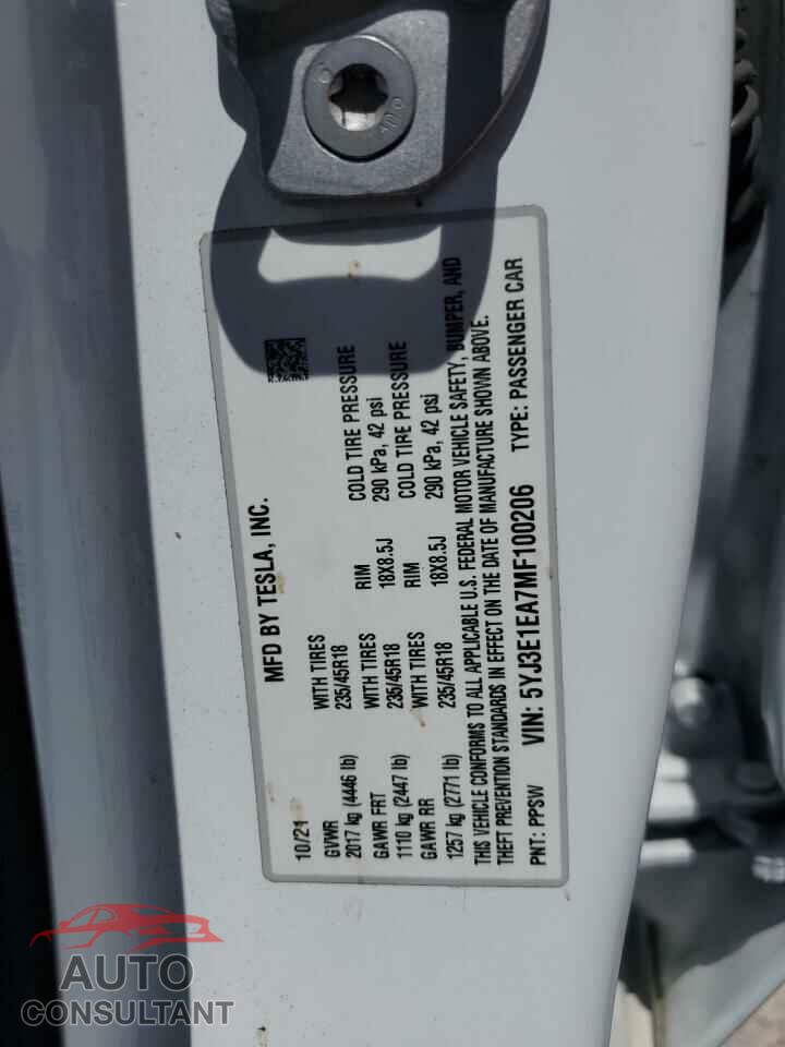 TESLA MODEL 3 2021 - 5YJ3E1EA7MF100206