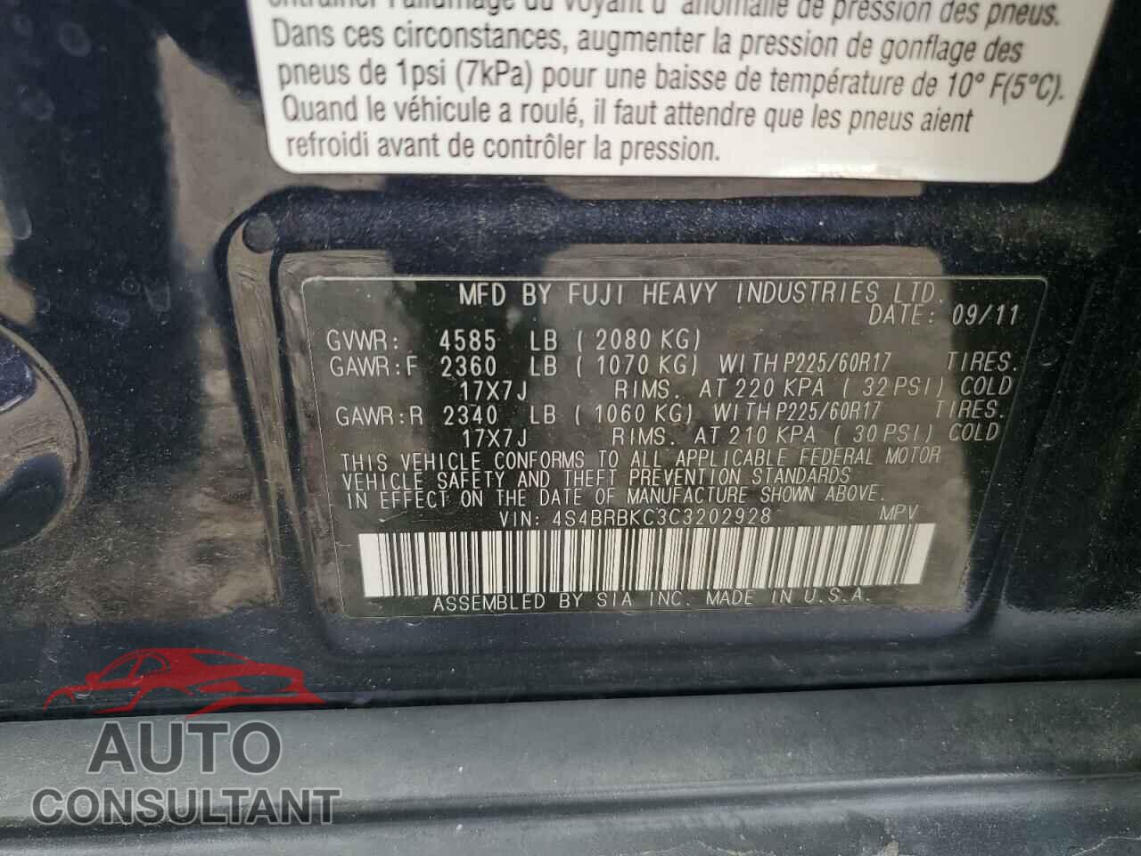 SUBARU OUTBACK 2012 - 4S4BRBKC3C3202928
