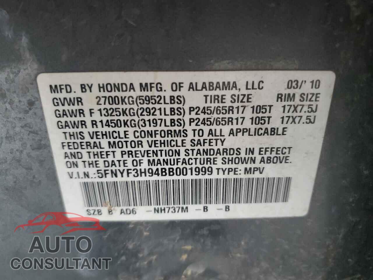 HONDA PILOT 2011 - 5FNYF3H94BB001999