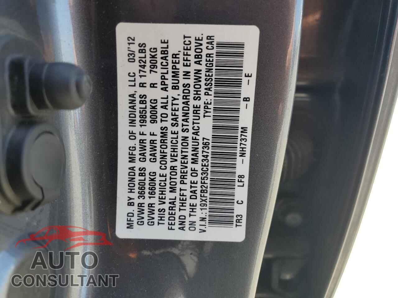 HONDA CIVIC 2012 - 19XFB2F53CE347367