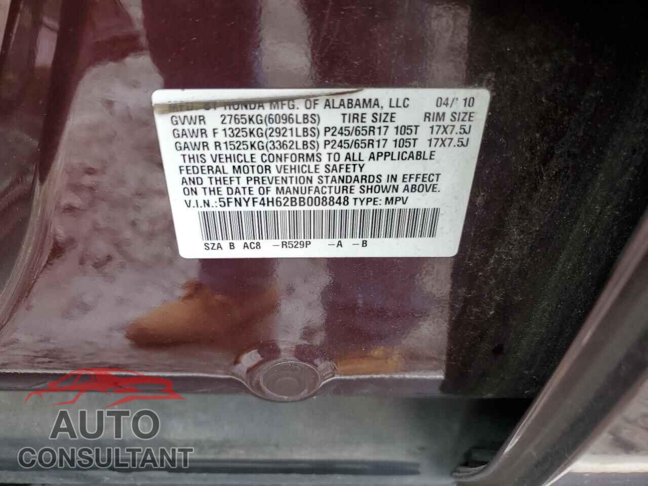 HONDA PILOT 2011 - 5FNYF4H62BB008848