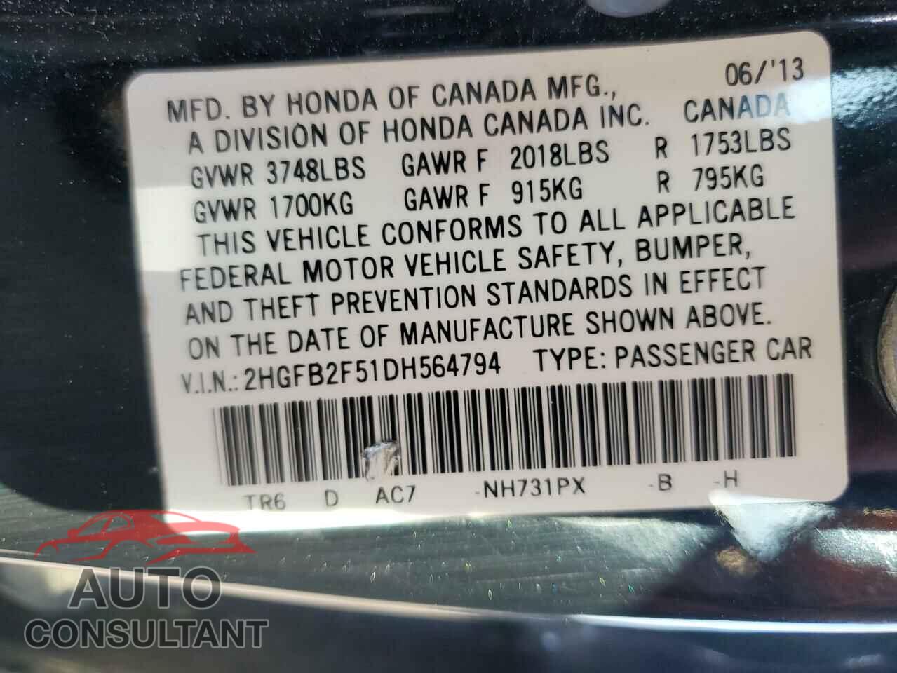 HONDA CIVIC 2013 - 2HGFB2F51DH564794
