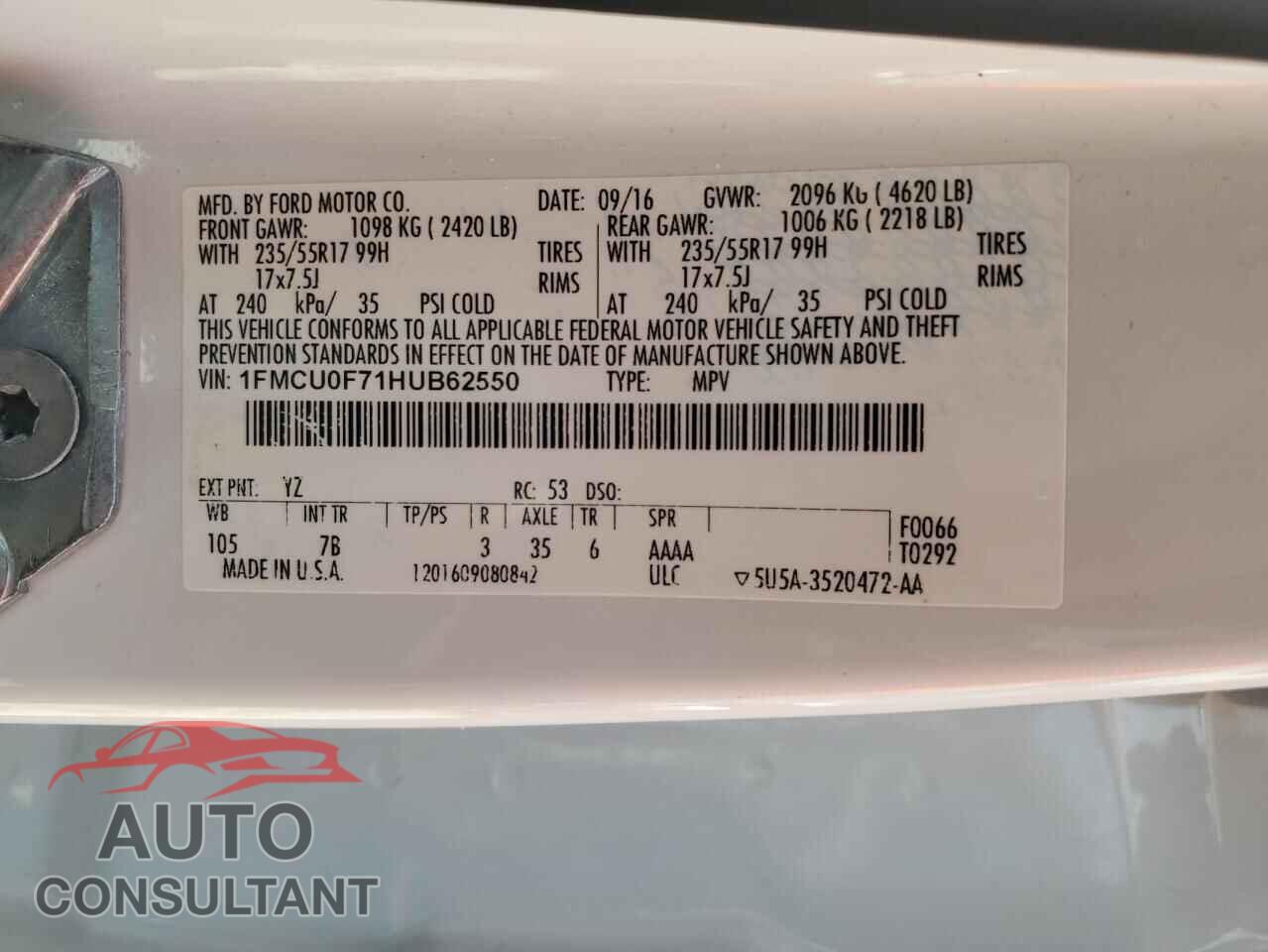 FORD ESCAPE 2017 - 1FMCU0F71HUB62550