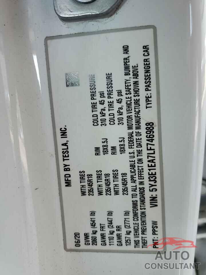 TESLA MODEL 3 2020 - 5YJ3E1EA7LF746988