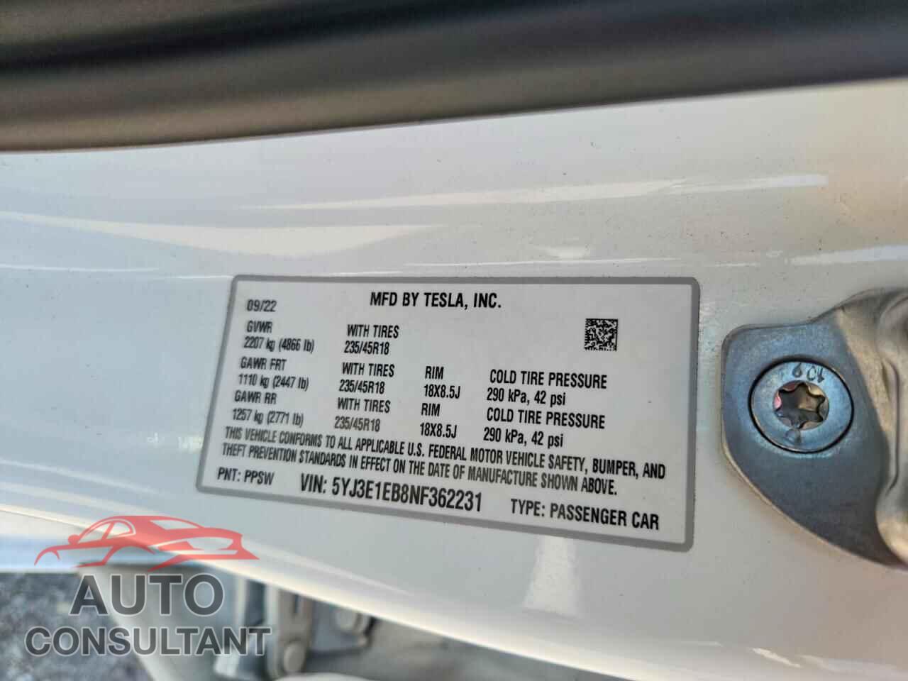 TESLA MODEL 3 2022 - 5YJ3E1EB8NF362231