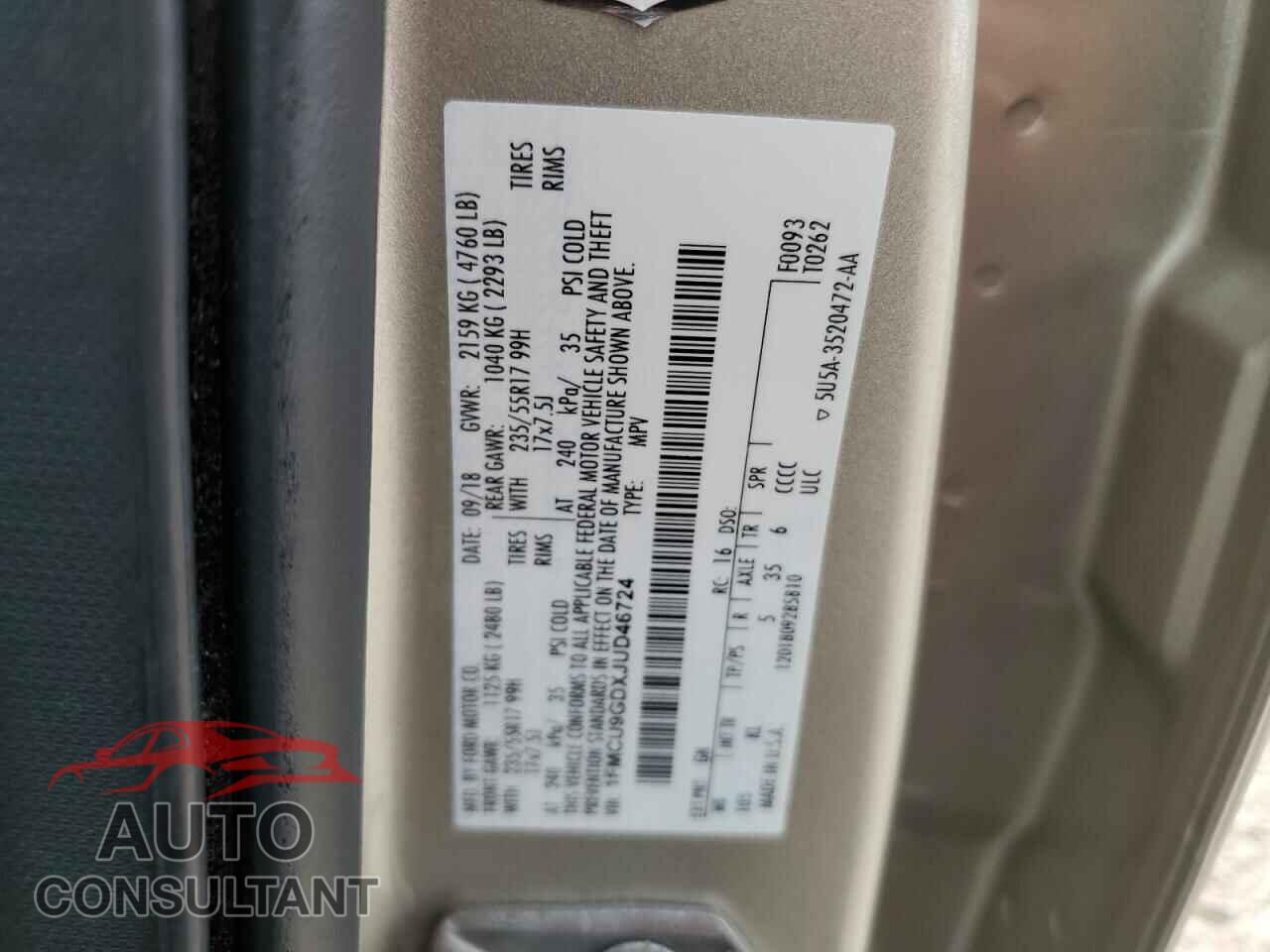 FORD ESCAPE 2018 - 1FMCU9GDXJUD46724