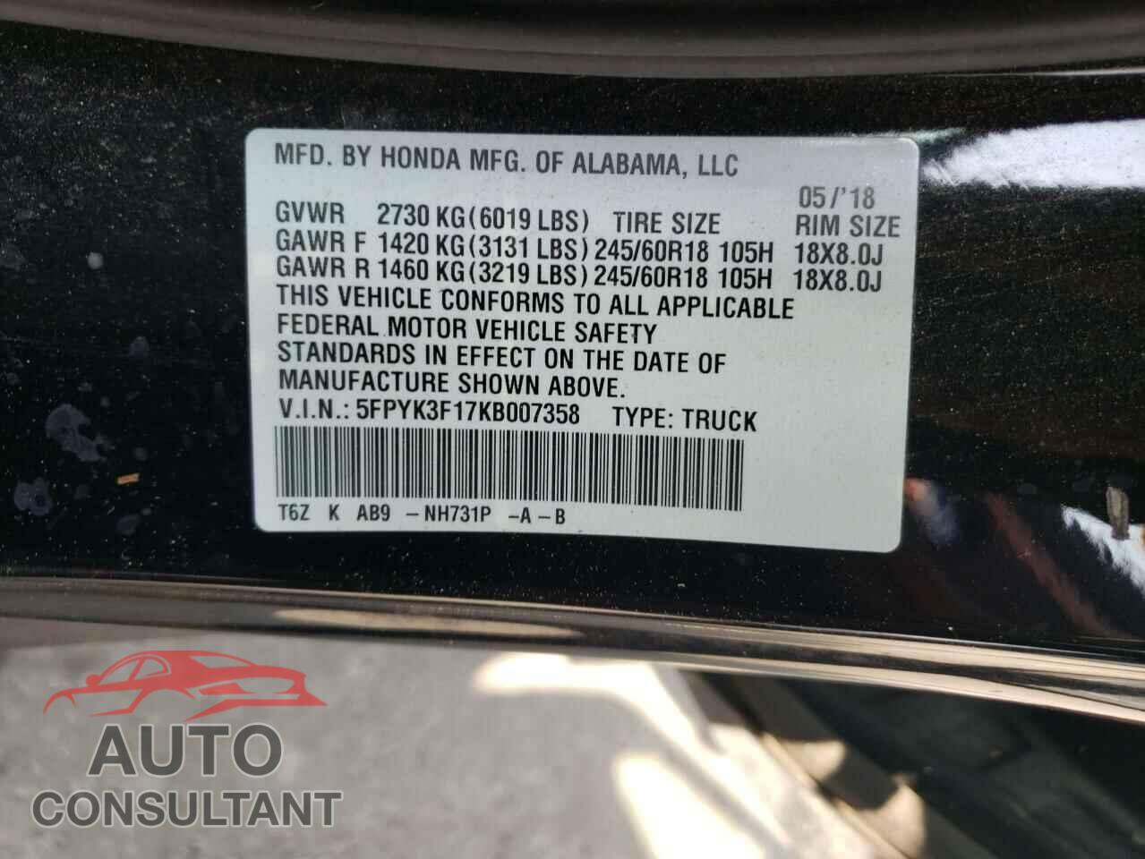 HONDA RIDGELINE 2019 - 5FPYK3F17KB007358