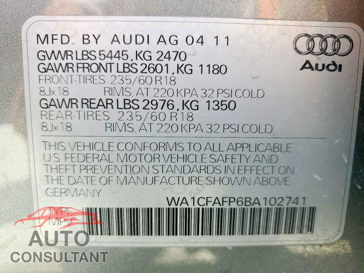 AUDI Q5 2011 - WA1CFAFP6BA102741