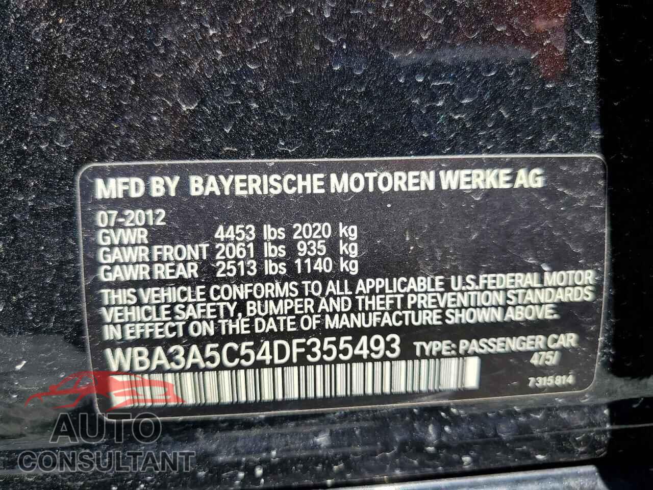 BMW 3 SERIES 2013 - WBA3A5C54DF355493