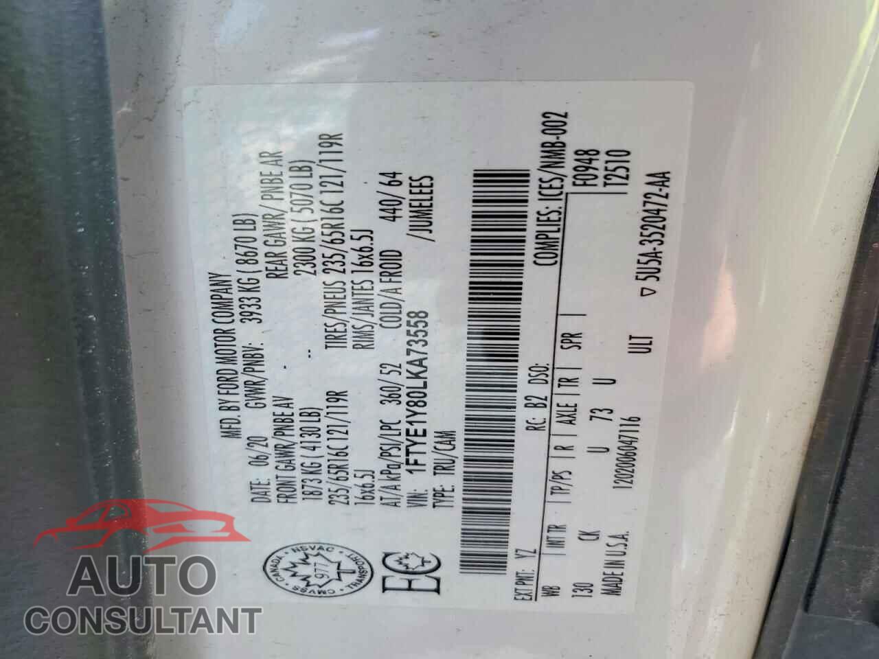 FORD TRANSIT 2020 - 1FTYE1Y80LKA73558