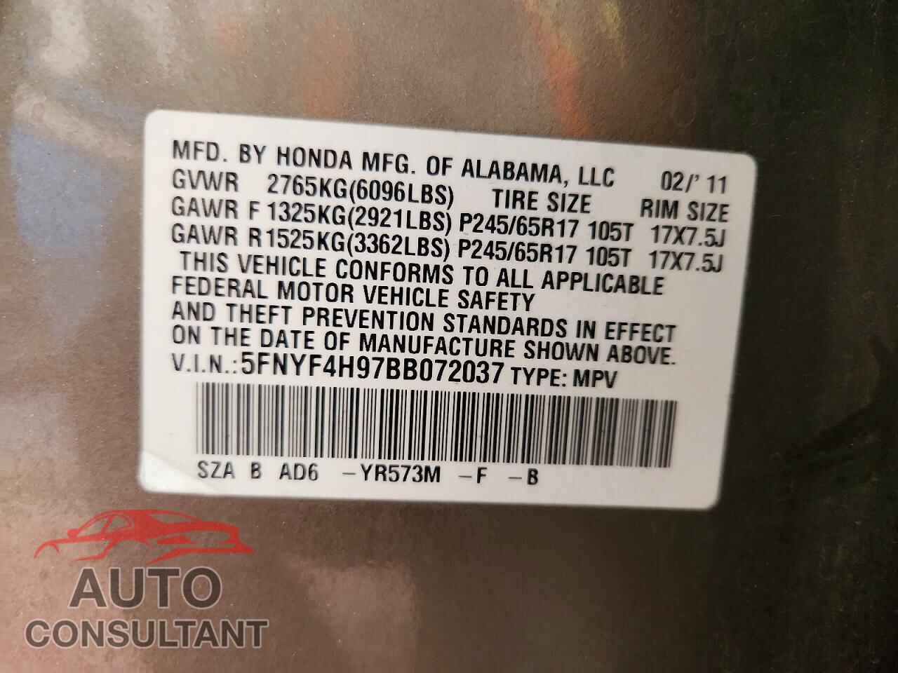 HONDA PILOT 2011 - 5FNYF4H97BB072037