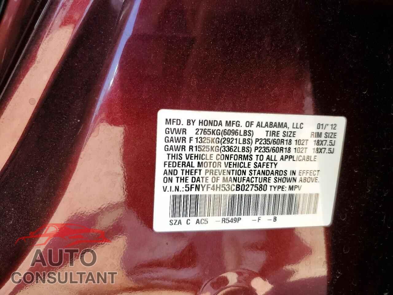 HONDA PILOT 2012 - 5FNYF4H53CB027580