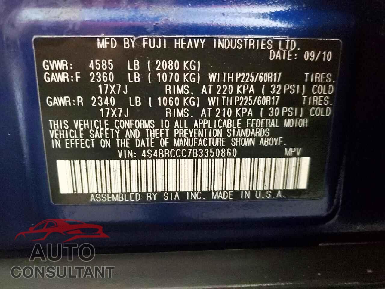 SUBARU OUTBACK 2011 - 4S4BRCCC7B3350860