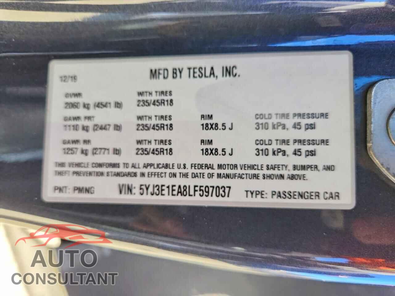 TESLA MODEL 3 2020 - 5YJ3E1EA8LF597037
