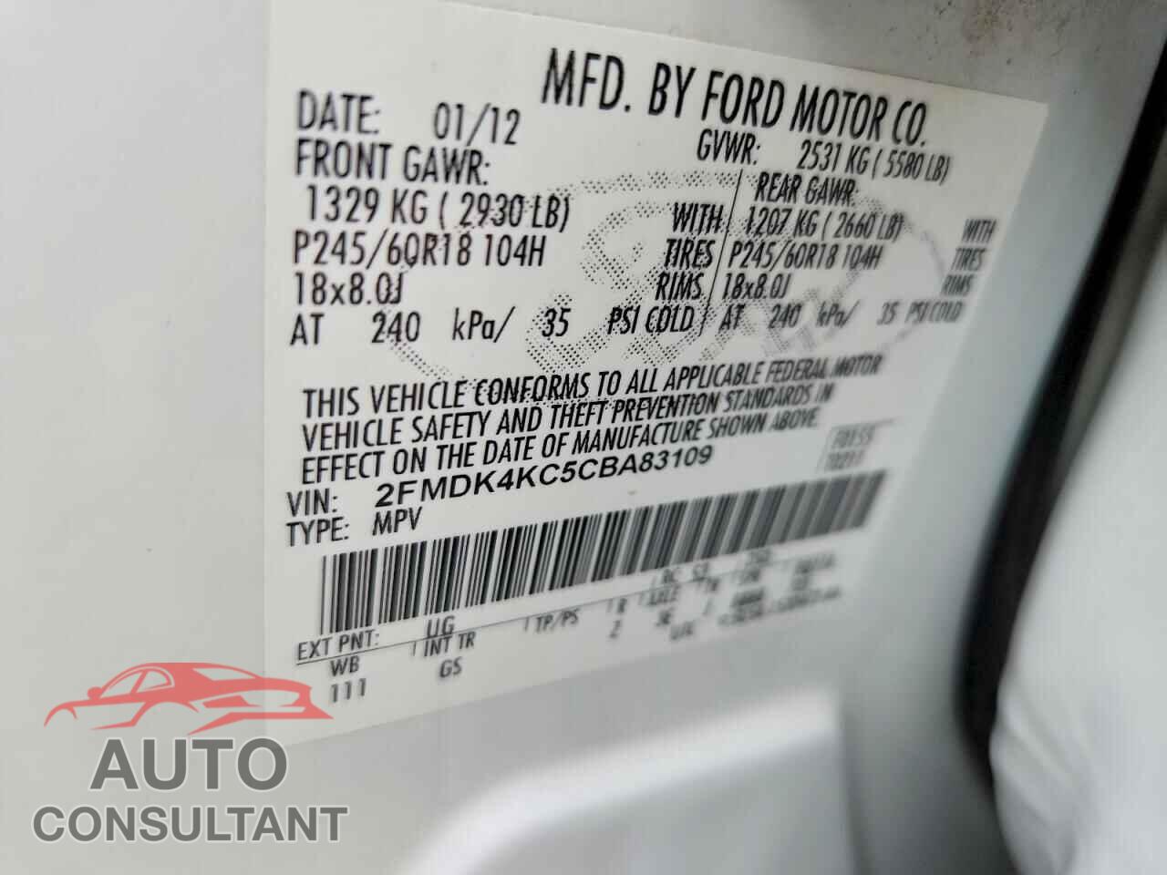 FORD EDGE 2012 - 2FMDK4KC5CBA83109