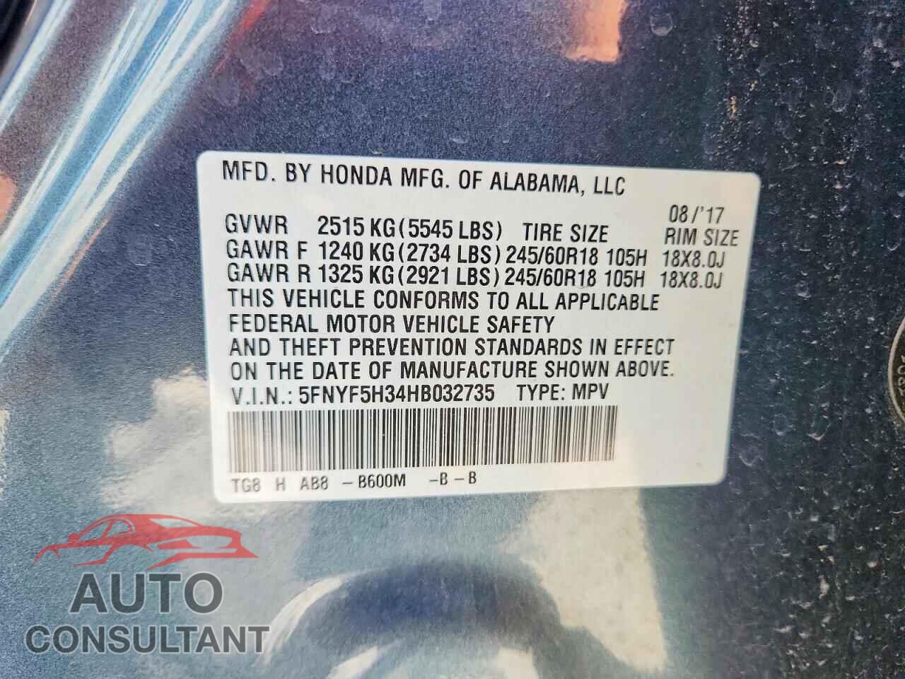HONDA PILOT 2017 - 5FNYF5H34HB032735